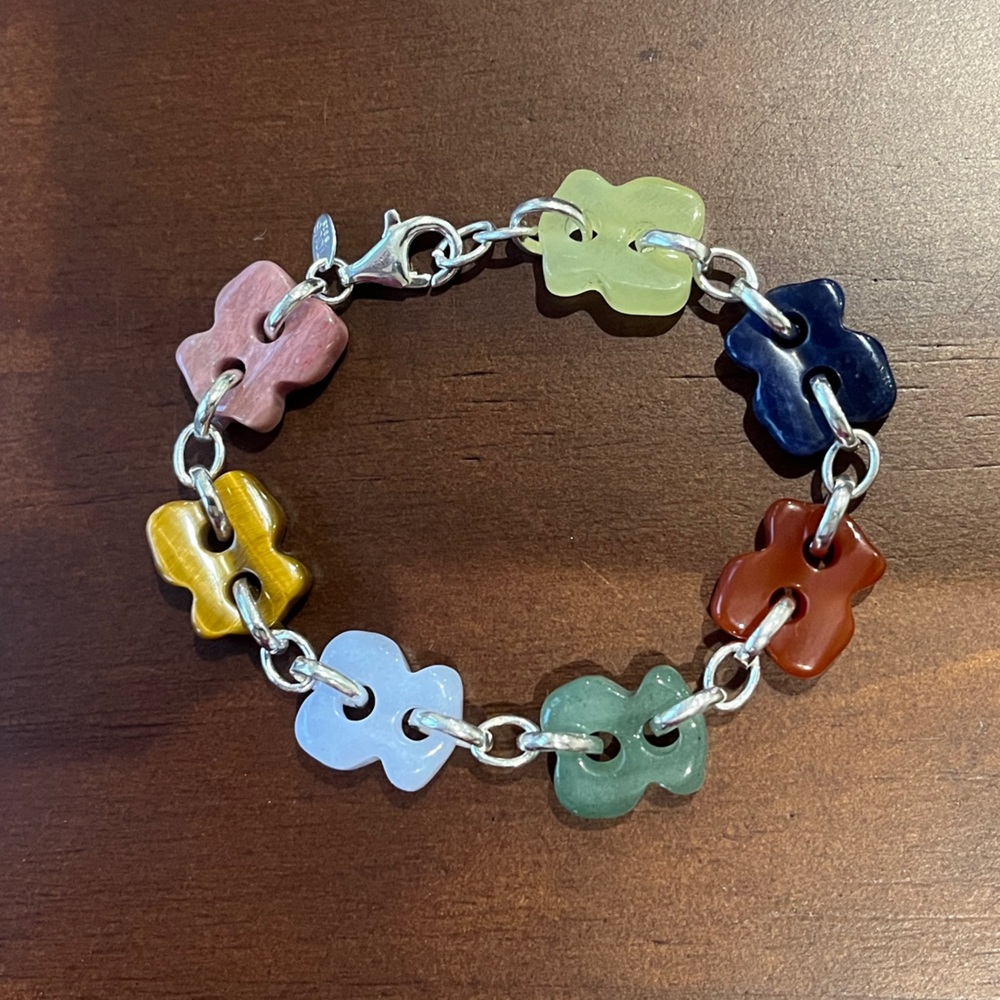 TOUS Sterling Silver Bear Gem Stone Charm Bracelet Jewelry Chakra Multicolor 925